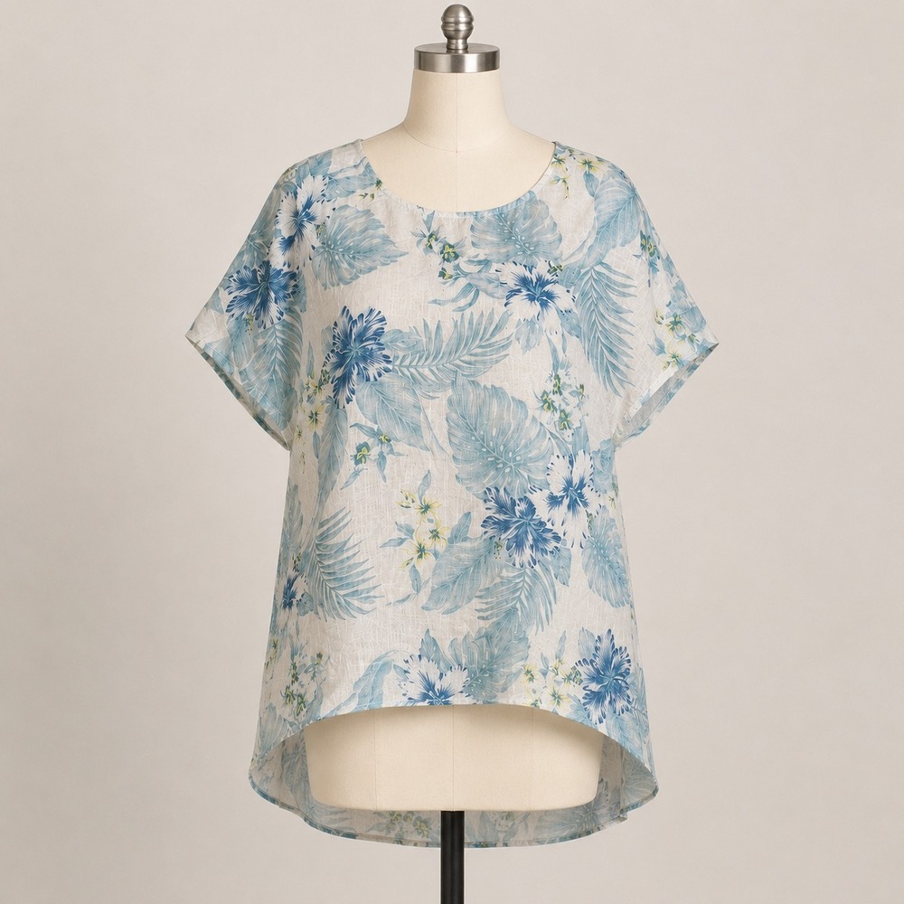 Terzo Millennio Italian Linen Blouse Floral Botanical Coastal Elegance SZ Small